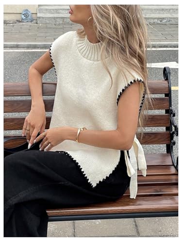 Women's Bow Tie Side Mock Neck Sweater Vest Coquette Split Sleeveless Knit Tops