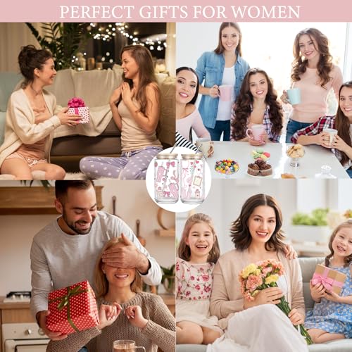 Cute 16oz Glass Cups with Lids and Straws, 2 Pack