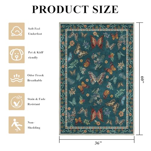Insect Floral Area Rug, Machine Washable Area Rug Non-Slip Low Pile Large Bedroom Rug Stain Resistant Throw Rug Carpet