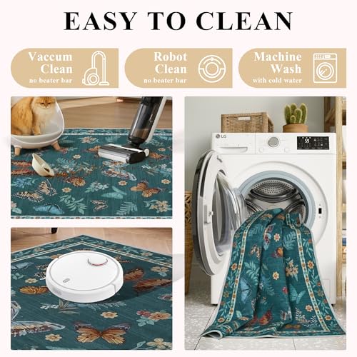 Insect Floral Area Rug, Machine Washable Area Rug Non-Slip Low Pile Large Bedroom Rug Stain Resistant Throw Rug Carpet