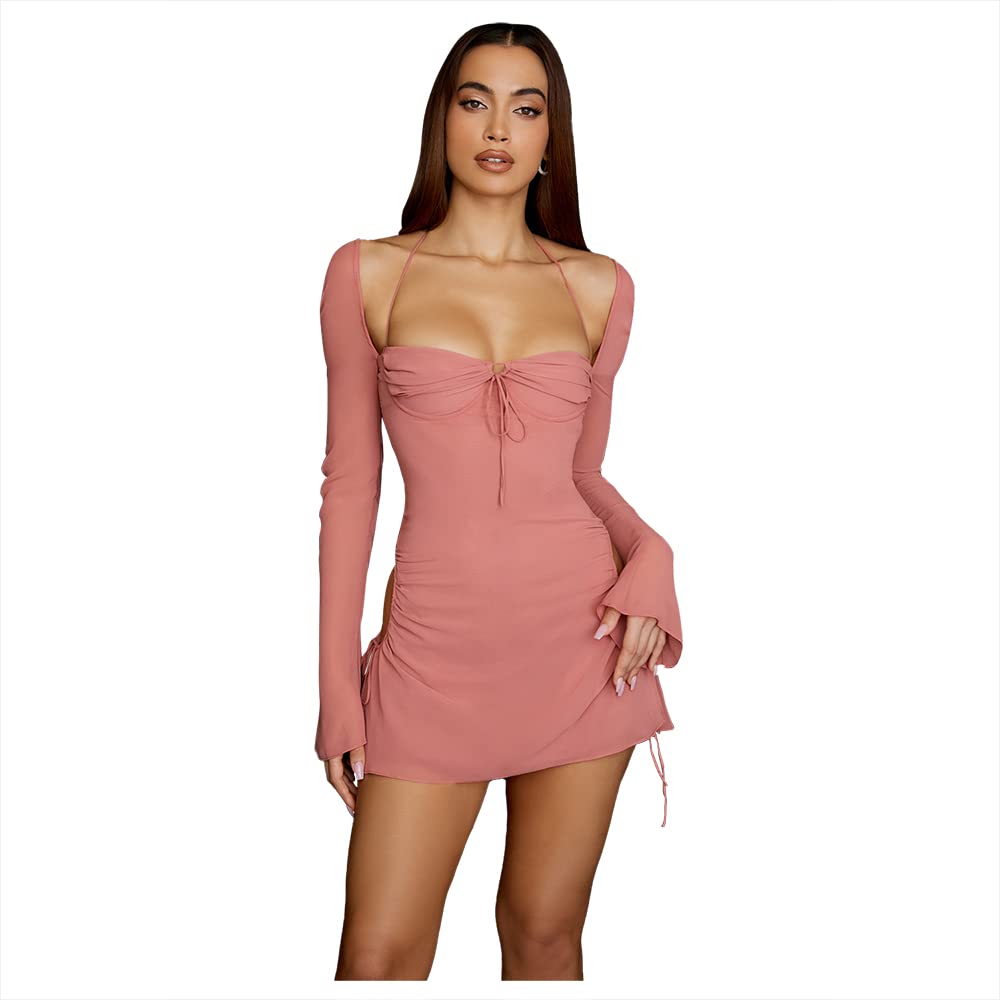 Women Long Puff Sleeve Mini Bodycon Split Hem Mesh Dress Party Dress