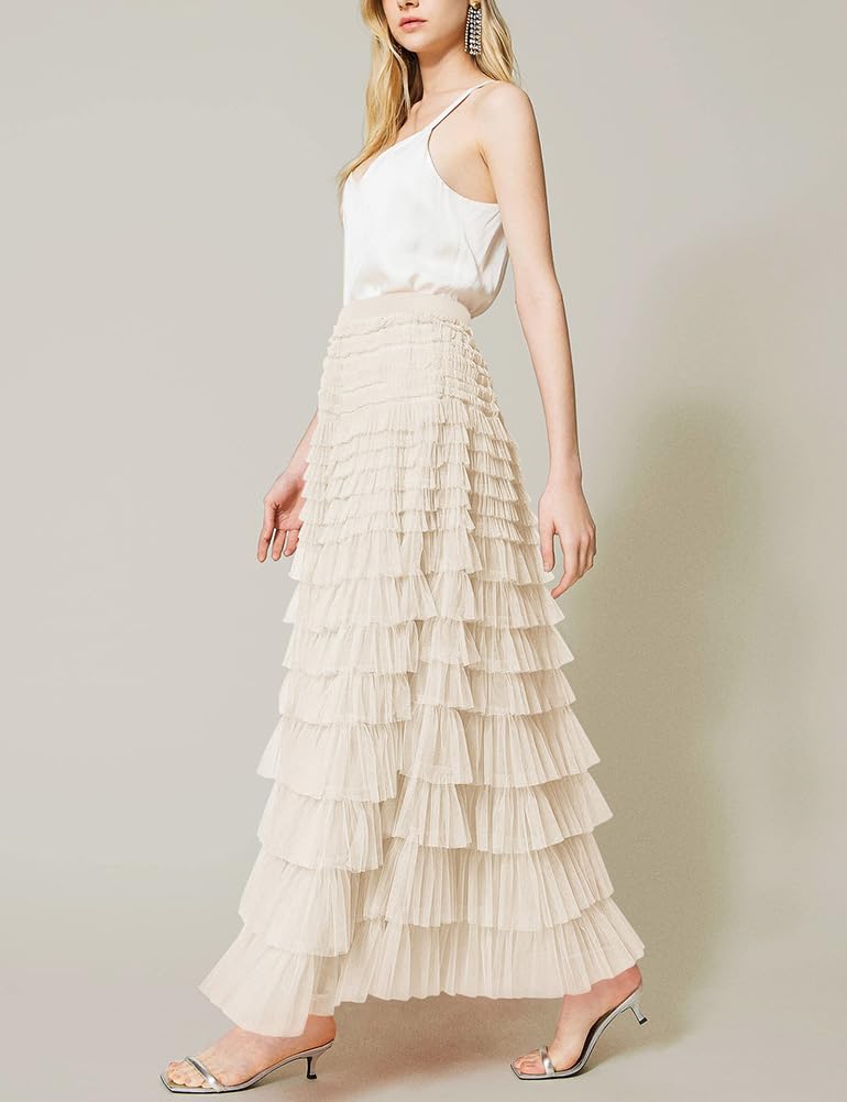 Long Tulle Skirt for Women Trendy High Waisted A Line Fluffy Fairy Mesh Layered Ruffle Skirt