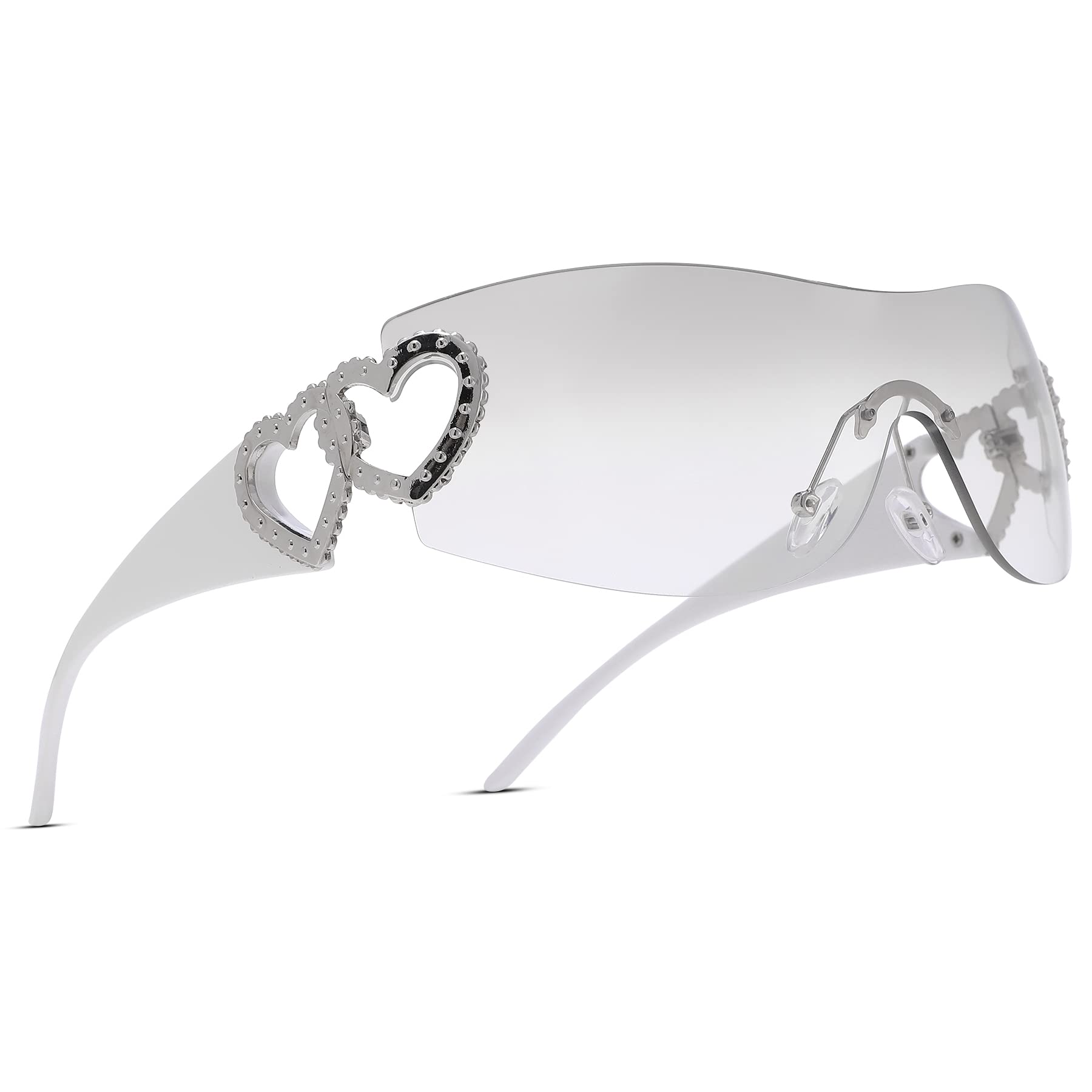 Wrap Around Heart Rhinestones Rimless Sunglasses Women Men, Oversized Fashion Futuristic Sun Glasses Cool Shade 2000S Trendy