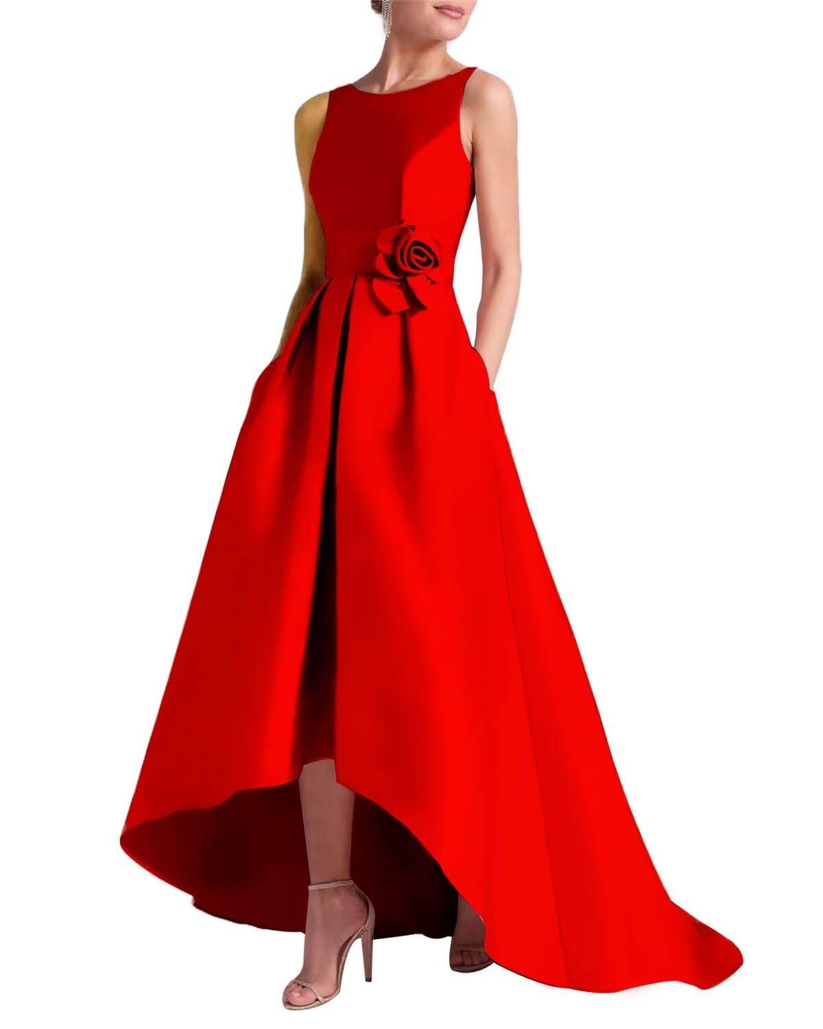 Women's 3D Flower Satin Mother of The Bride Dresses Hi-Low Formal Evening Party Gown