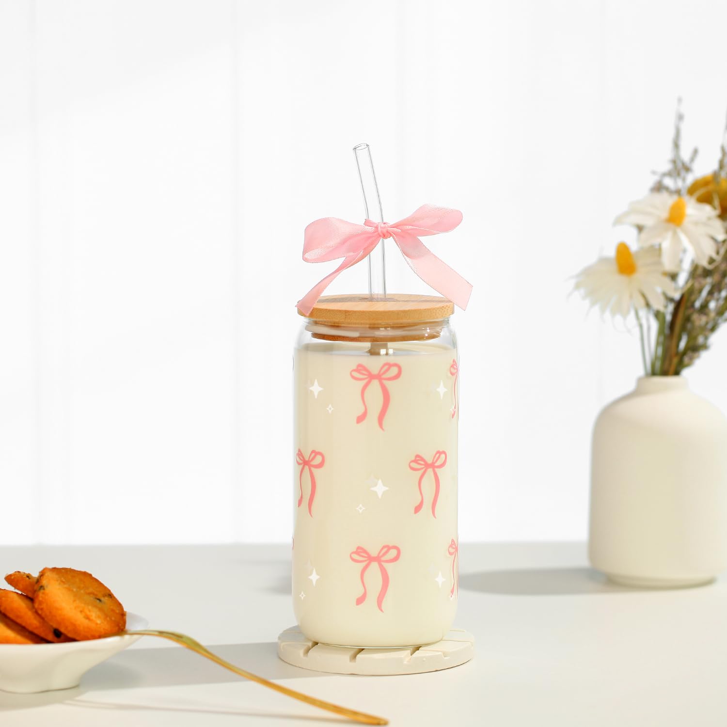 Coquette Black Bow Aesthetic Cup With Gift Box 16oz Glass Cup with Lids Straws and Black Bow Iced Coffee Smoothie Cute Tumbler with Cleaning Brush