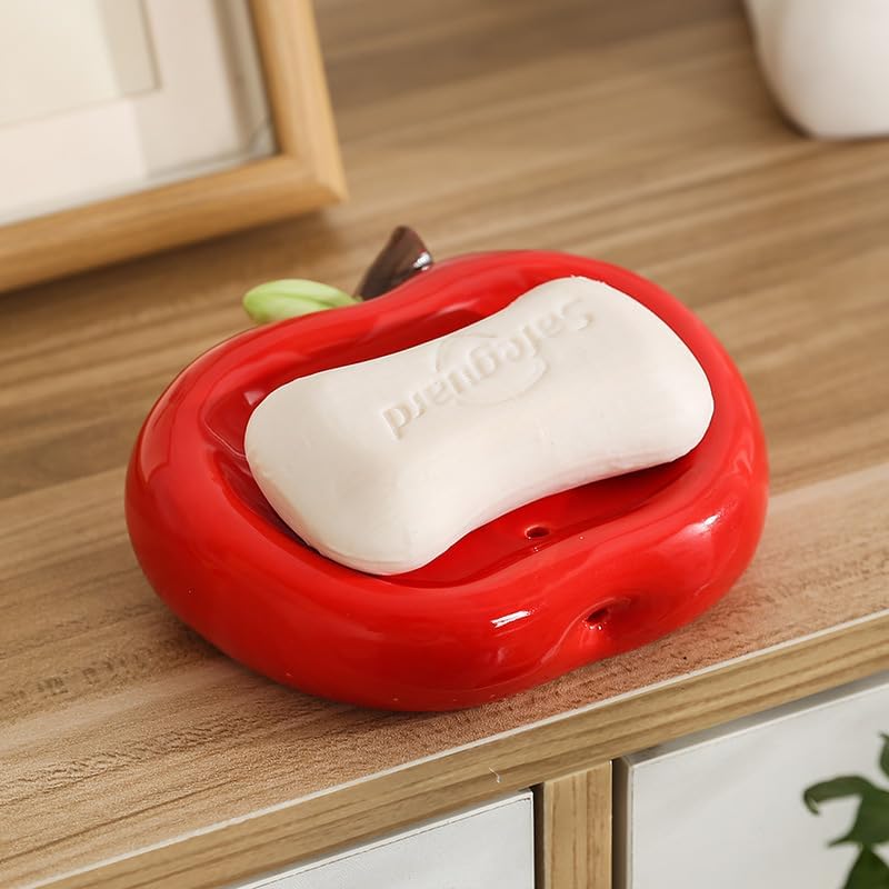 Red Apple Shaped Ceramic Soap Dish, Cute Soap Holder with Drainage Holes, No Lid Sink Side Soap Tray for Bathroom & Kitchen Countertop
