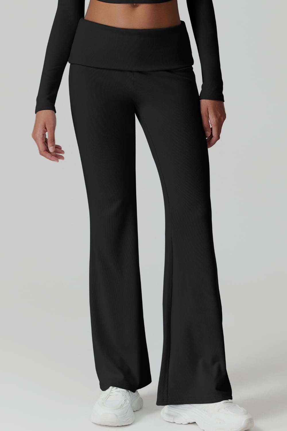 Womens 2 Piece Lounge Sets Mock Neck Long Sleeve Tops with Side Ruched Fold Over Flare Pants Comfy Tracksuits