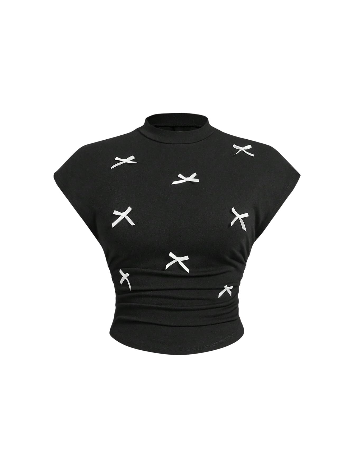 Women's Plus Size Y2K 3D Bow Crop Tops Mock Neck Cap Sleeve Ruched T Shirt