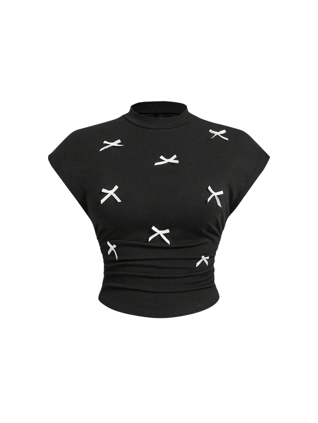 Women's Plus Size Y2K 3D Bow Crop Tops Mock Neck Cap Sleeve Ruched T Shirt