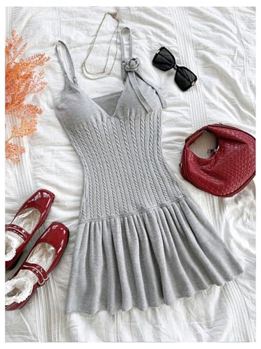 Women's 3D Floral Ruffle Mini Dress Cable Knit Spaghetti Strap Cami Dresses