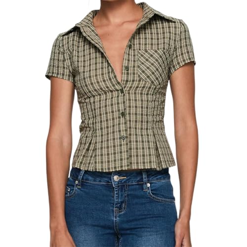 Y2k Fairy Plaid Button Down T Shirts Women Short Sleeve V Neck Aesthetic Tee Shirts Slim Fit Gingham Crop Top