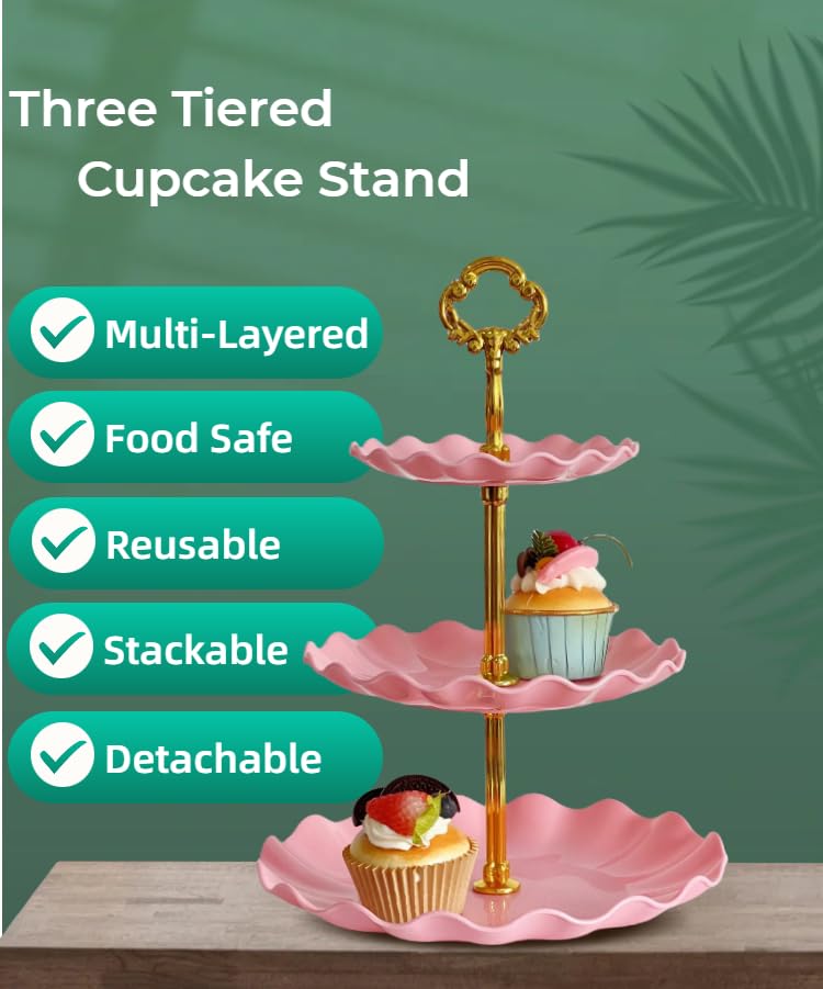 Pack 2 of 3 Tier Cupcake Stand, Small Pink Plastic Tiered Serving Stand, Dessert Tray
