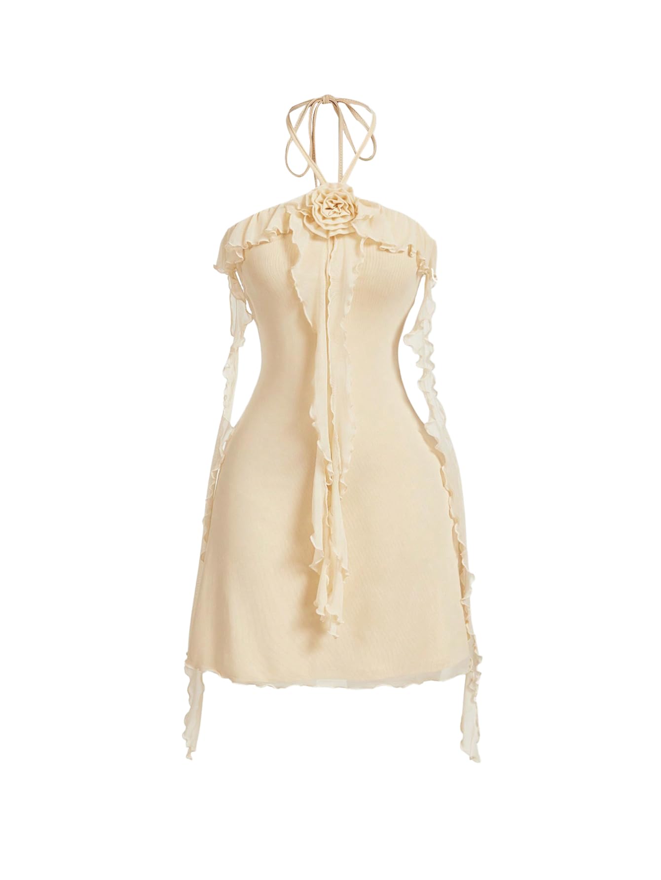 Women's Floral Mesh Halter Bodycon Mini Dress Ruffle Tassel Open Back Tube Dress