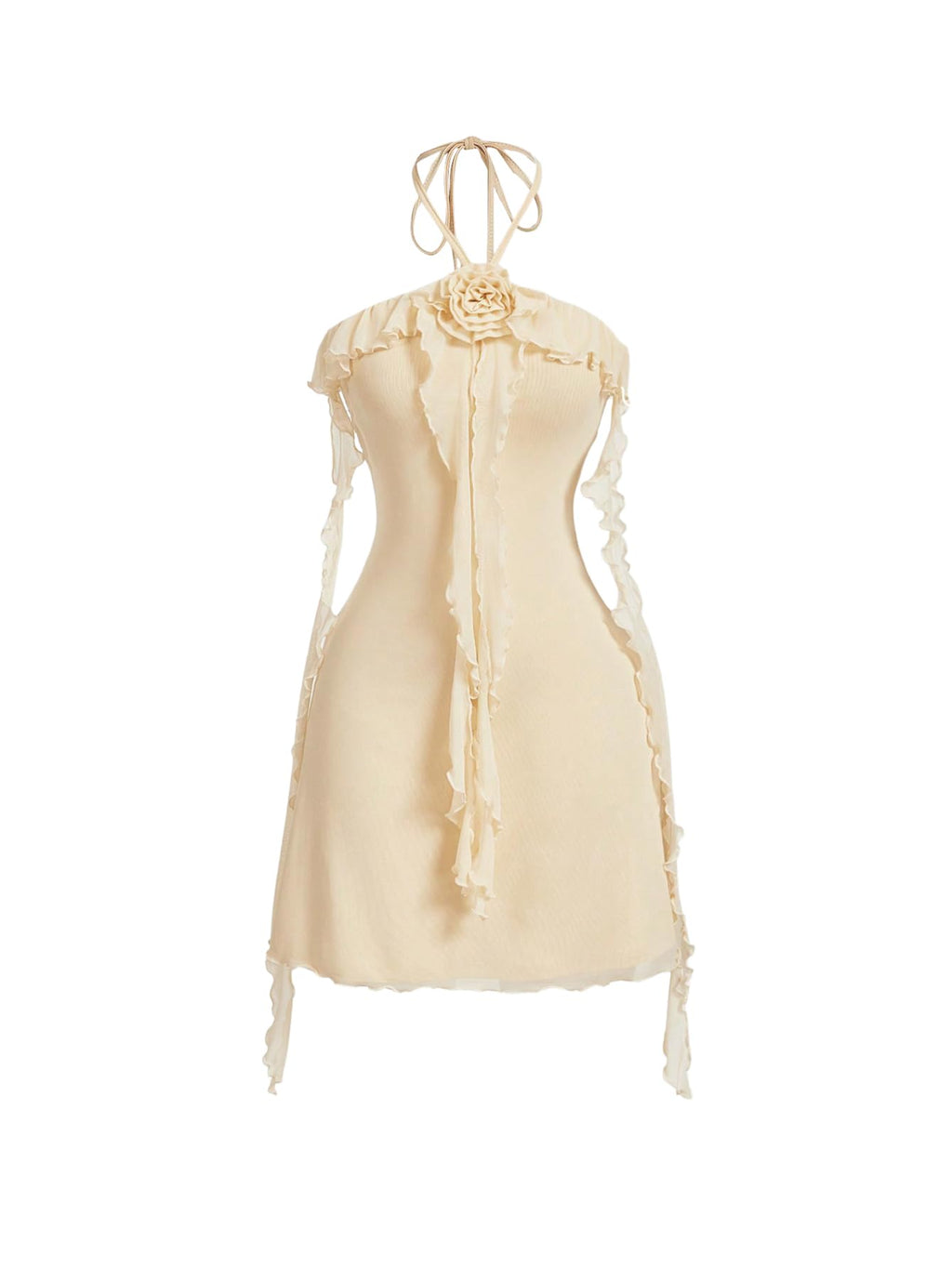 Women's Floral Mesh Halter Bodycon Mini Dress Ruffle Tassel Open Back Tube Dress