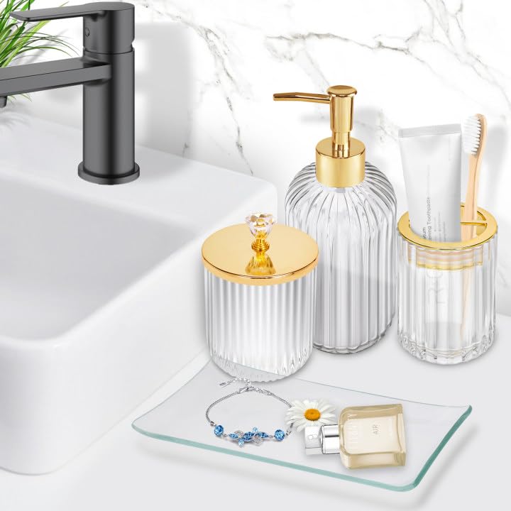 Glass Bathroom Accessories Set 4PCS Bathroom Accessories Set with Soap Dispenser Toothbrush Holder Qtip Holder & Vanity Tray
