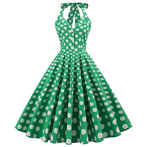 Vintage Women 1950s Rockabilly Swing Dress Pinup 50s Retro Hepburn Style Halterneck A-Line Dresses