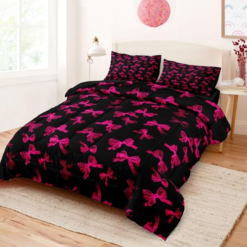 Pink Bowknot Comforter Set 4 Pcs Bow Tie Princess Bedding Blush Red Cherry Bed Quilt