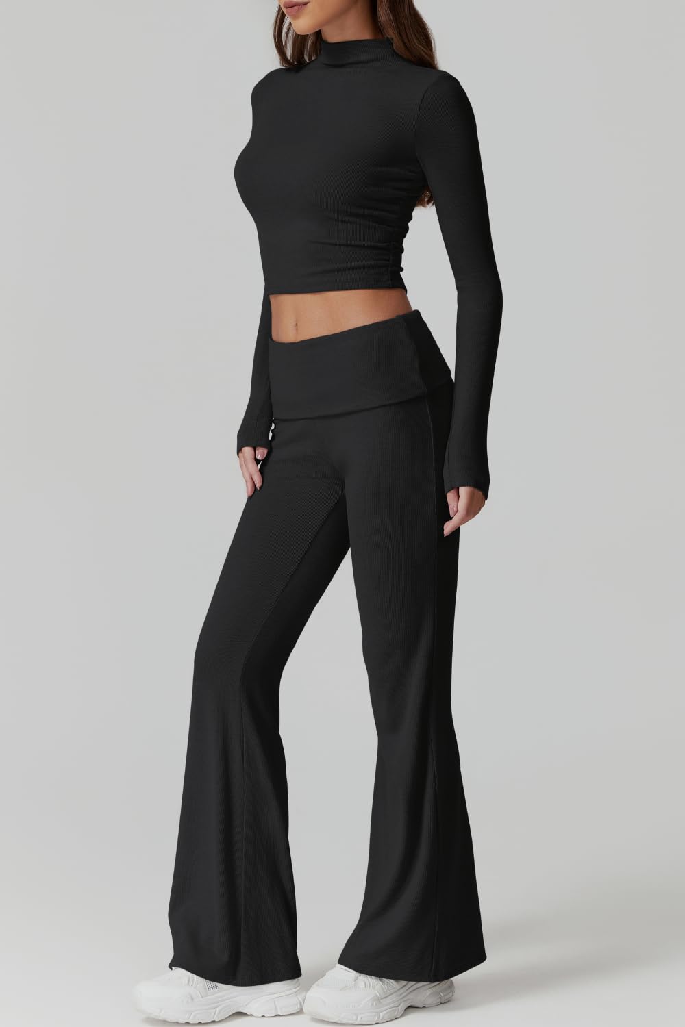 Womens 2 Piece Lounge Sets Mock Neck Long Sleeve Tops with Side Ruched Fold Over Flare Pants Comfy Tracksuits
