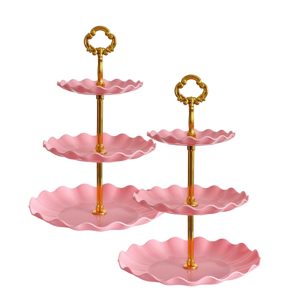 Pack 2 of 3 Tier Cupcake Stand, Small Pink Plastic Tiered Serving Stand, Dessert Tray