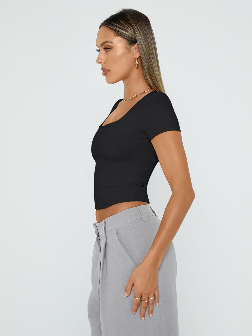 Womens Short Sleeve T Shirts Double Lined Square Neck Crop Tops Basics Tees