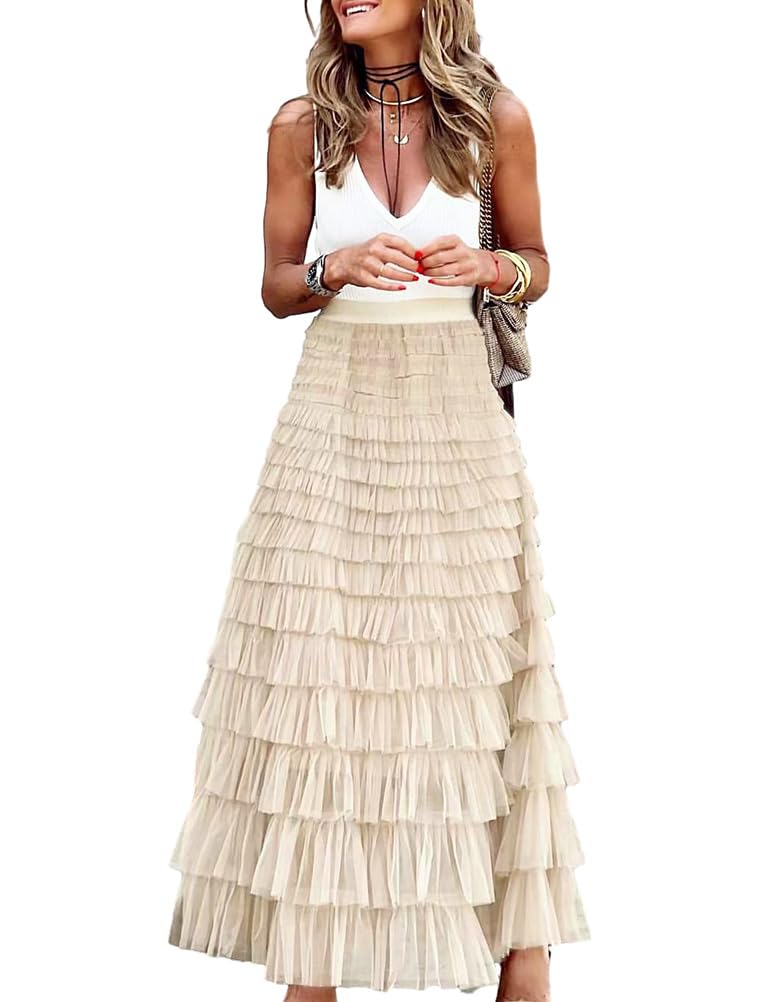 Long Tulle Skirt for Women Trendy High Waisted A Line Fluffy Fairy Mesh Layered Ruffle Skirt