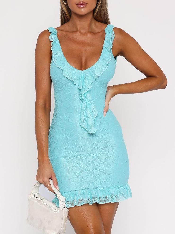 Women Lace Ruffle Hem Bodycon Mini Dresses Summer Y2k Smocked Sleeveless Babydoll Dress Backless