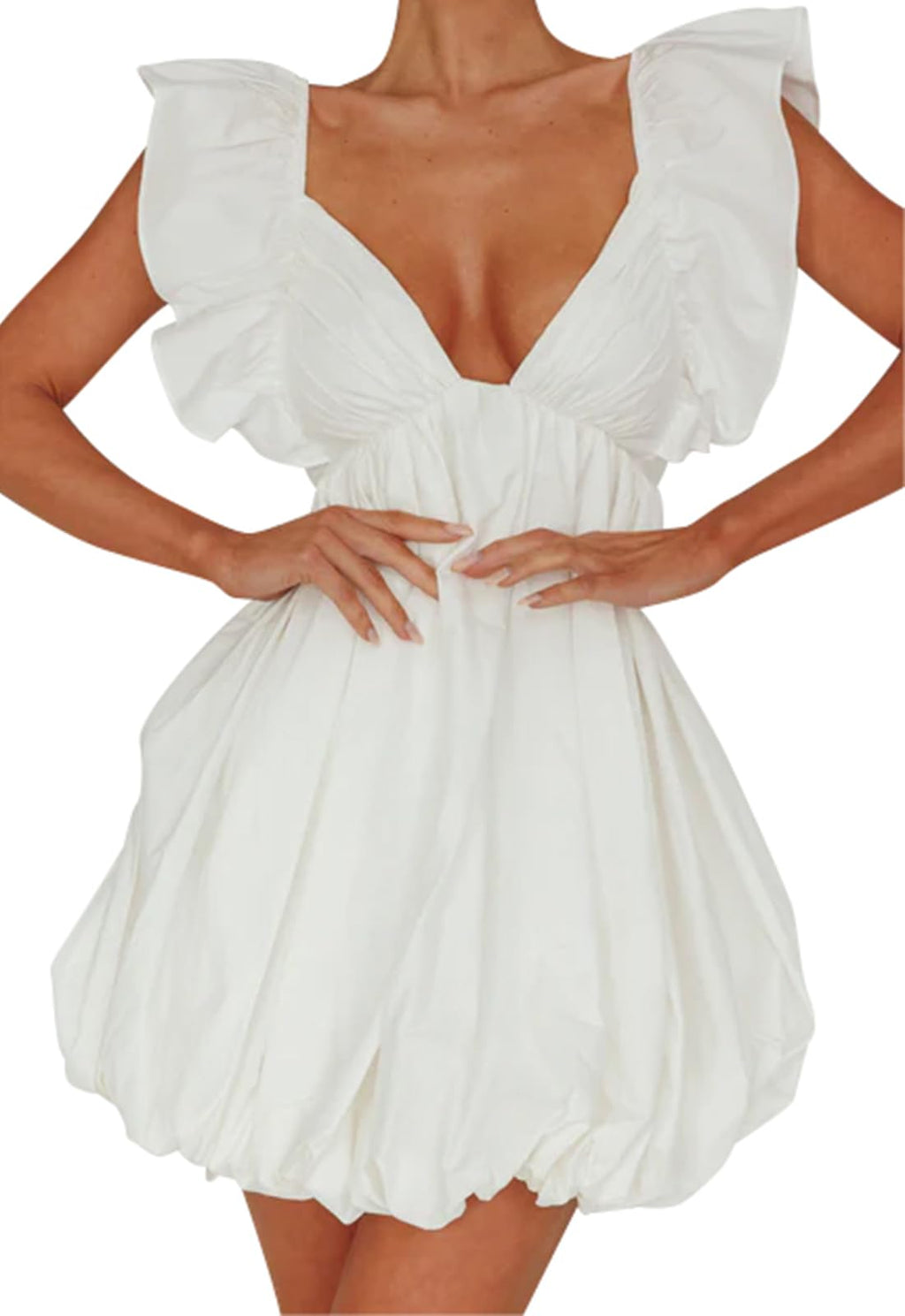 Summer Mini Deep V-Neck Babydoll Dress â€?Backless Lace-Up Sexy Bubble Dress