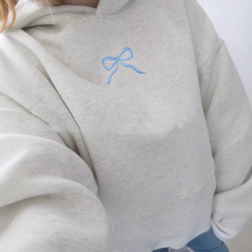 Women Bow Embroidery Hoodie Teen Girls Cute Graphic Hooded Loose Preppy Y2K Long Sleeve Pullover Hoodie Tops