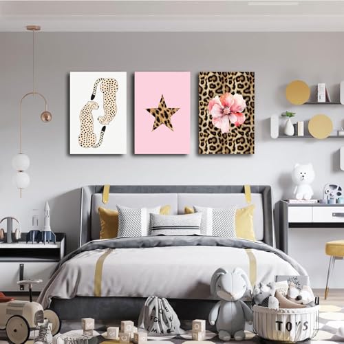 Pink Set of 3 Leopard Wall Art Prints Trendy Girly Cheetah Print Poster for Home Decor 16X24 in Unframed