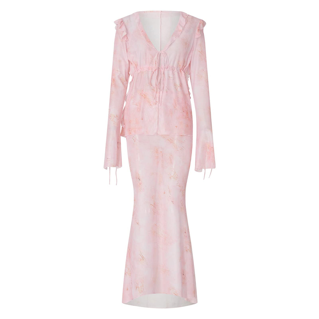 Women Sexy Y2K Maxi Skirt Set Strapless Bodycon Lace Tube Top See Through 2 Piece Outfits Summer Party Wear Dress