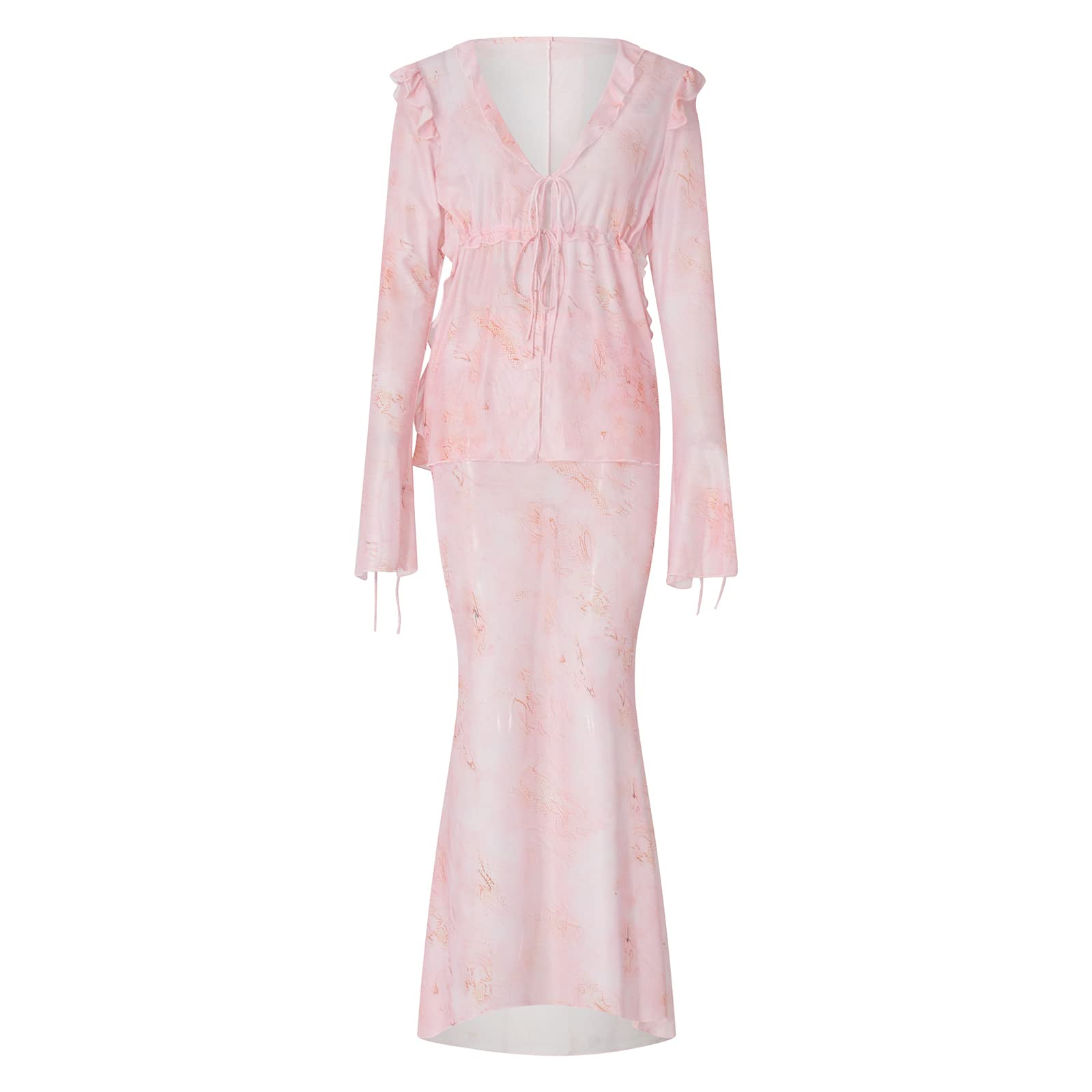 Women Sexy Y2K Maxi Skirt Set Strapless Bodycon Lace Tube Top See Through 2 Piece Outfits Summer Party Wear Dress