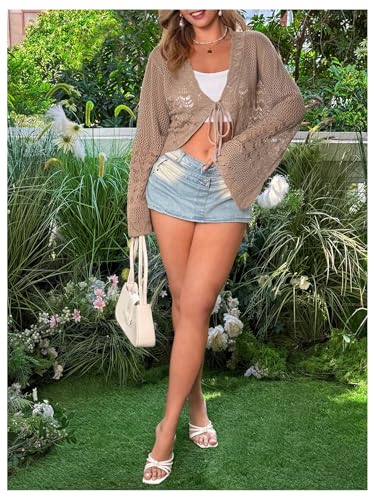 Women's Plus Size V Neck Long Flounce Sleeve Tie Front Knit Crop Cardigan