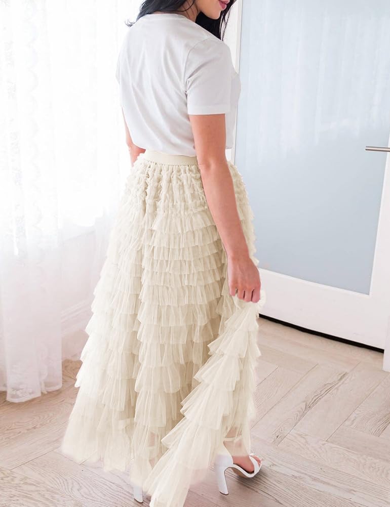 Long Tulle Skirt for Women Trendy High Waisted A Line Fluffy Fairy Mesh Layered Ruffle Skirt