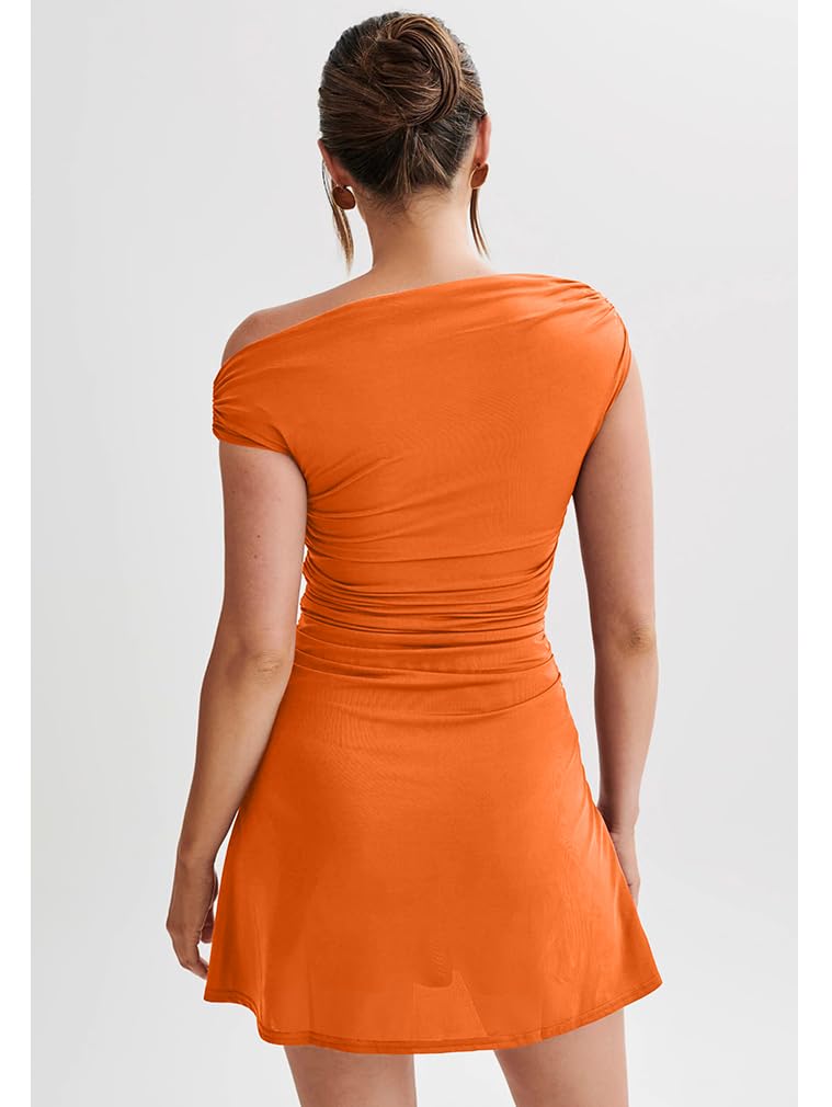 Women's Off Shoulder Trendy Ruched Stretch Bodycon Cocktail Party Flare Mini Dress