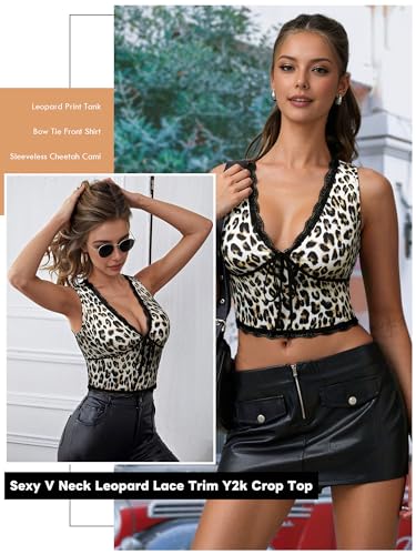 Womens Leopard Lace Trim Sexy Tank Tops Bow Tie Front Sleeveless Cheetah Print V Neck Tops Y2K Going Out Crop Top