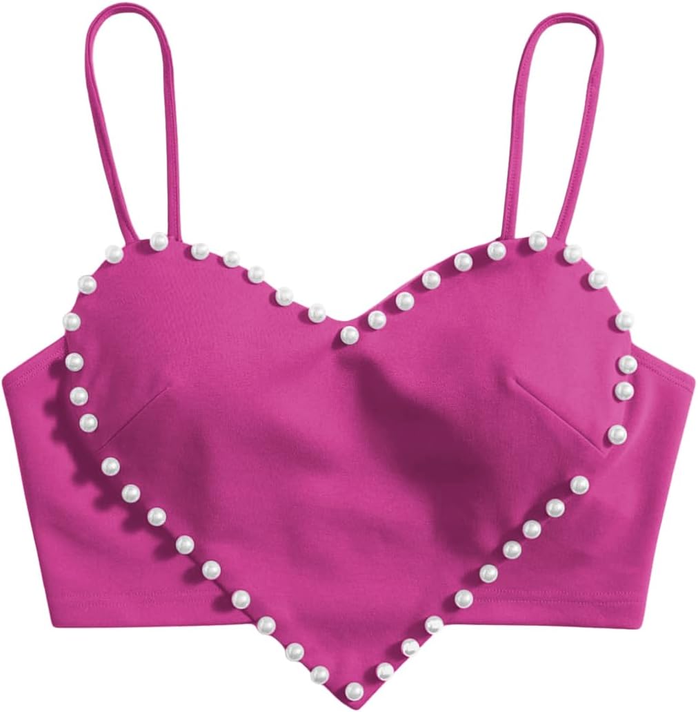 Women's Pearls Sleeveless Asymmetrical Hem Heart Crop Cami Top Sexy Camisole