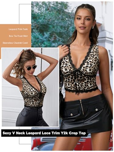 Womens Leopard Lace Trim Sexy Tank Tops Bow Tie Front Sleeveless Cheetah Print V Neck Tops Y2K Going Out Crop Top