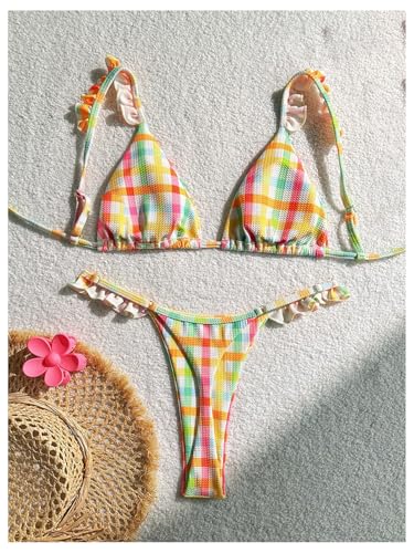 Women's Gingham Thong Bikini Sets Ruffle String Coquette Swimsuits Tie Back Boho Bathing Suit