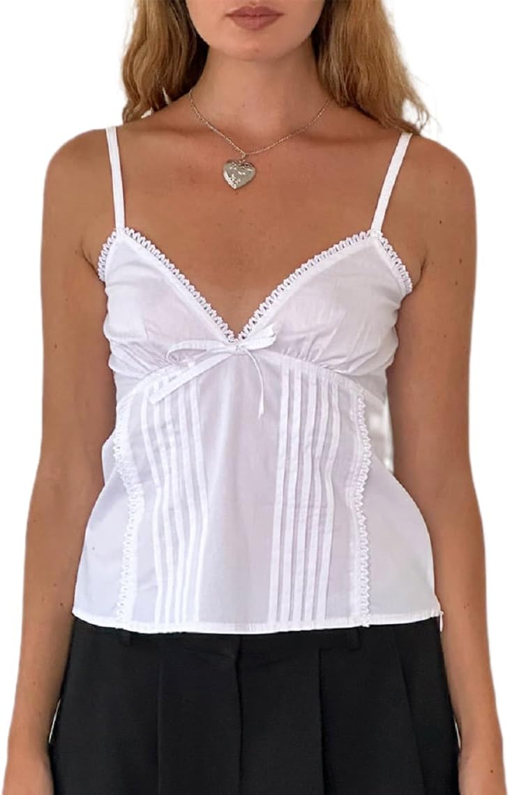 Women Y2k Crop Tank Top Low Cut Sleeveless Cami Top Sexy V Neck Spaghetti Strap Camisoles