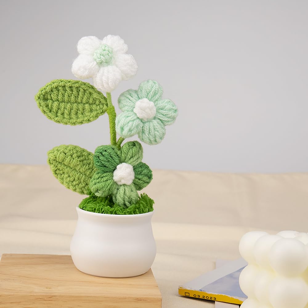 Knitting Crochet Puff Flowers Potted Plants, Gradient Colorful Flowers for Friends, Family and Lover, Handmade Flowers for Home Office Decoration