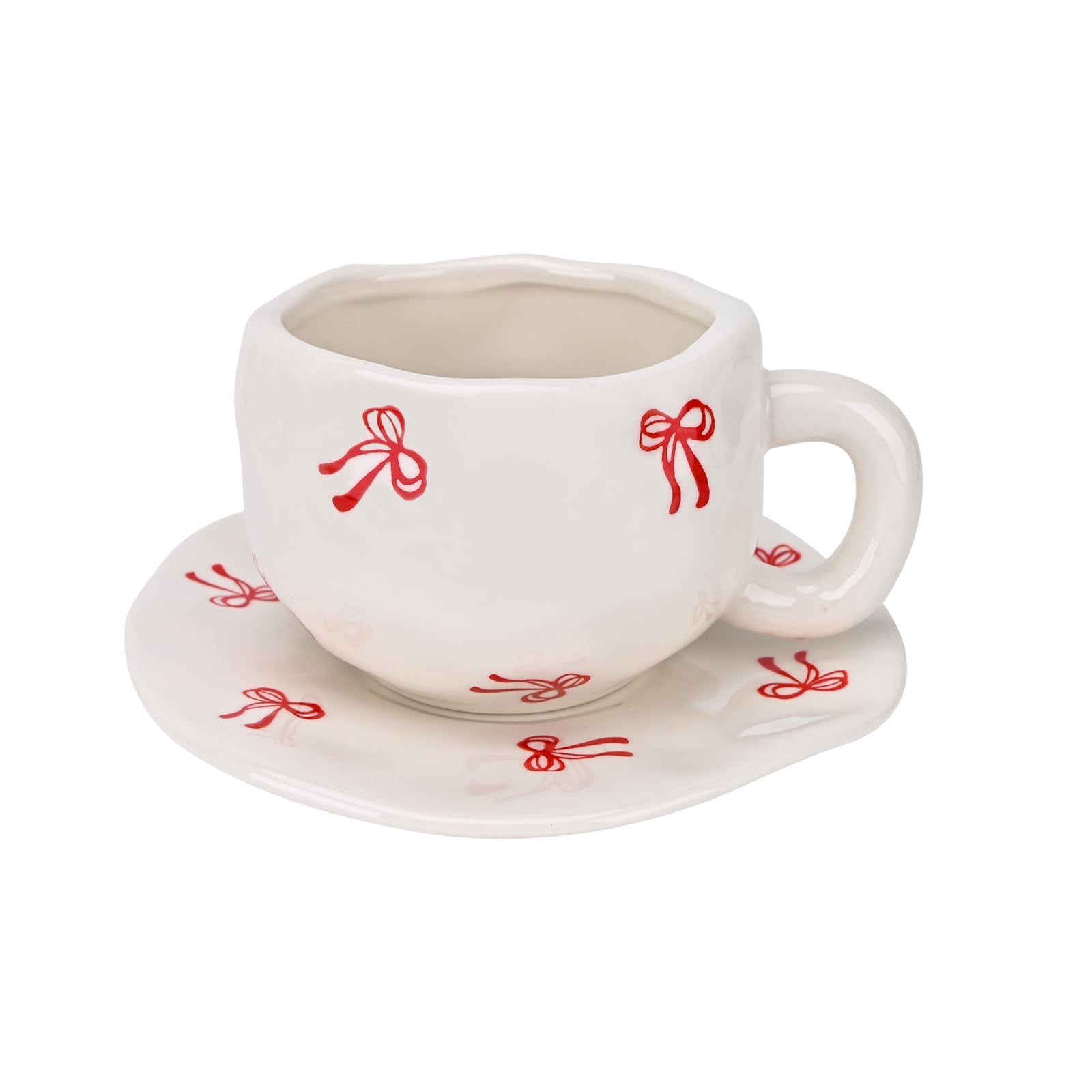 Ceramic Coffee Mug with Saucer Set, Cute Creative Cup Unique Irregular Design, 10 oz/300 ml