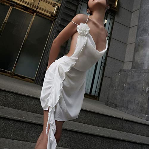 Women's Y2k Backless Ruffle Trim 3D Flower Sexy Sleeveless Strap Halter Bodycon Mini Dress