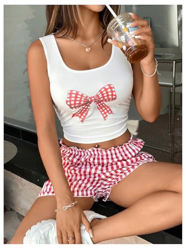 Women's Y2k 2 Piece Outfits Graphic Bow Crop Tank Top Gingham Ruffle Shorts Set Loungewear