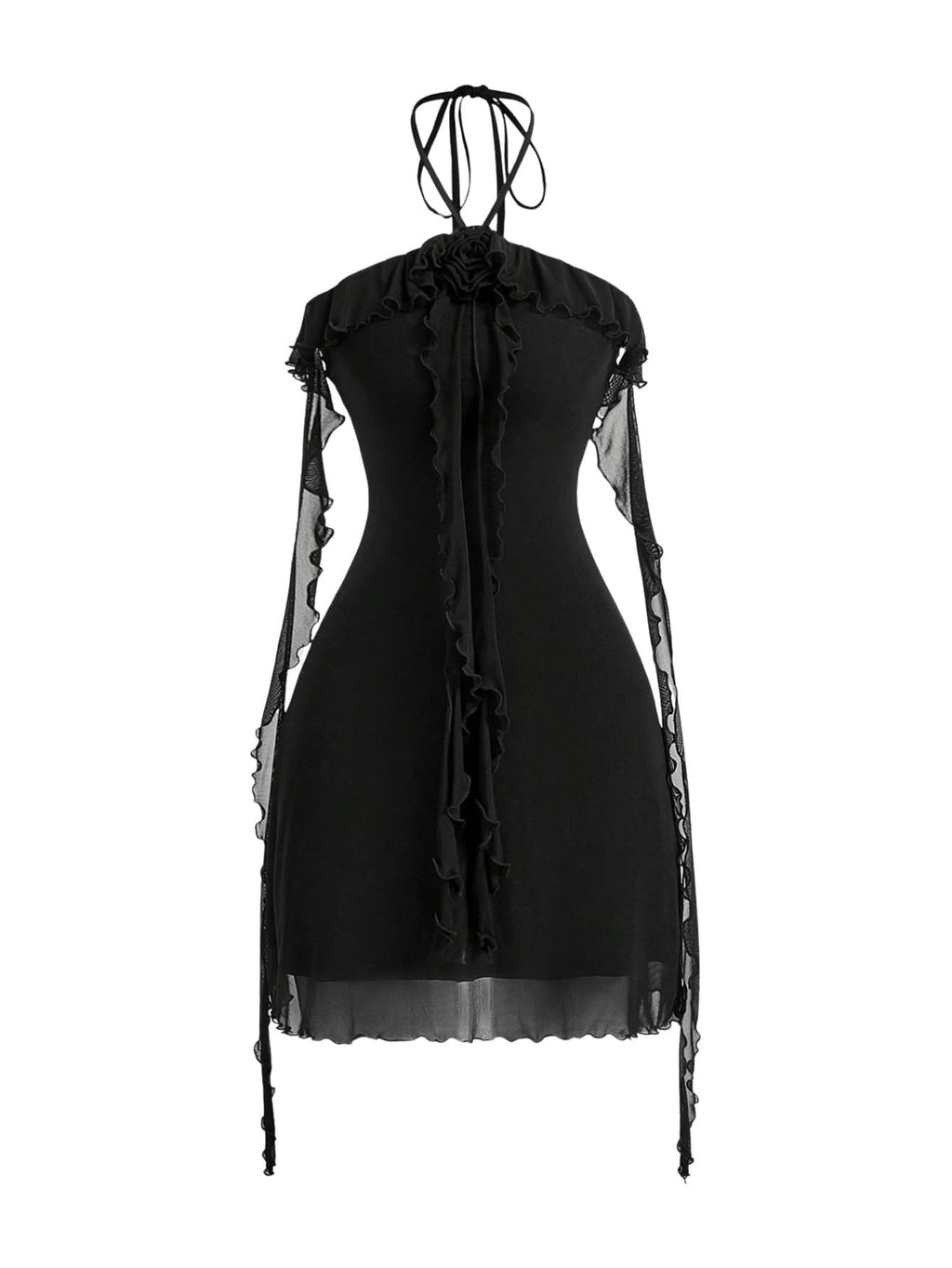 Women's Floral Mesh Halter Bodycon Mini Dress Ruffle Tassel Open Back Tube Dress