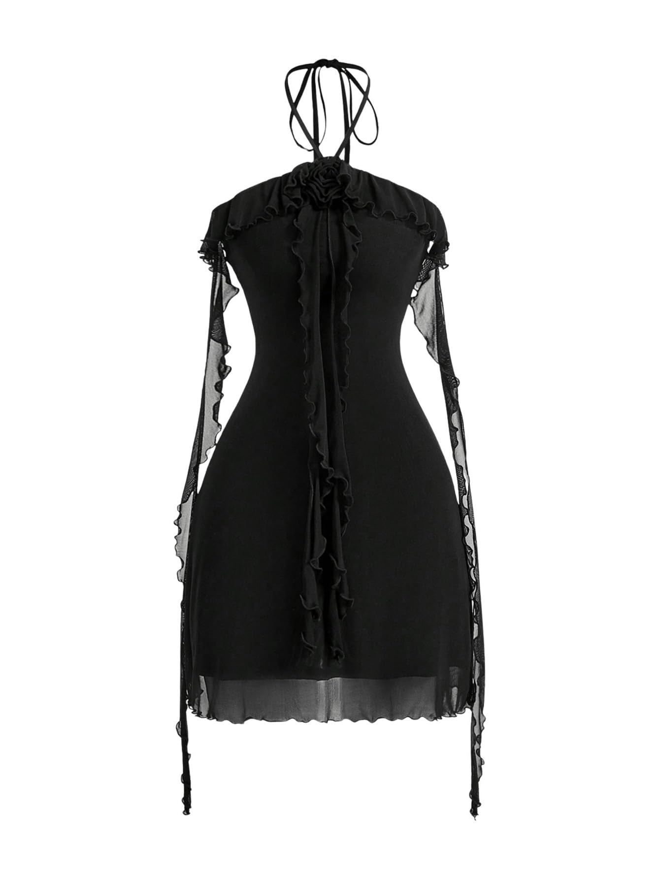 Women's Floral Mesh Halter Bodycon Mini Dress Ruffle Tassel Open Back Tube Dress