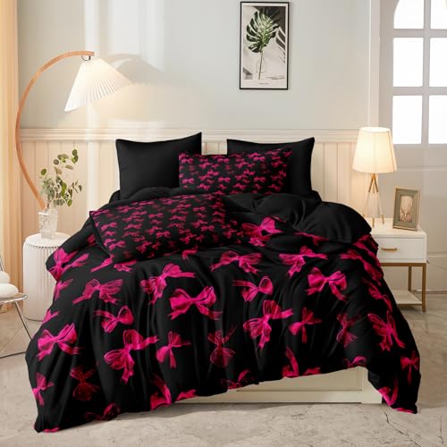 Pink Bowknot Comforter Set 4 Pcs Bow Tie Princess Bedding Blush Red Cherry Bed Quilt