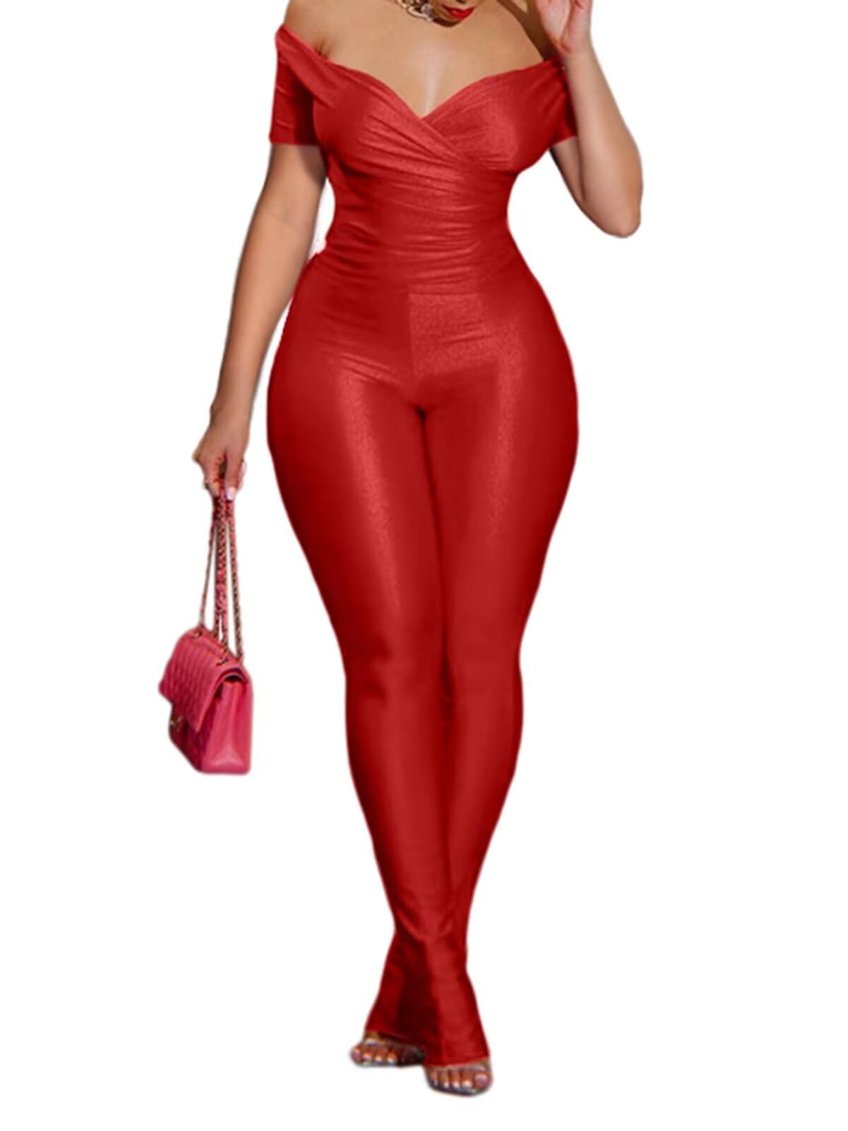Women 2 Piece Outfits - Sexy Off Shoulder Tops Bodycon Flared Pant Sets