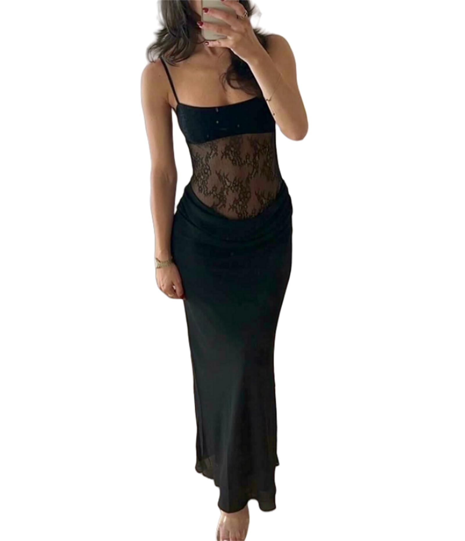 Women Sexy Hollow Out Maxi Dress Sleeveless Backless Lace Pachwork Bodycon Long Dress Y2k Dress