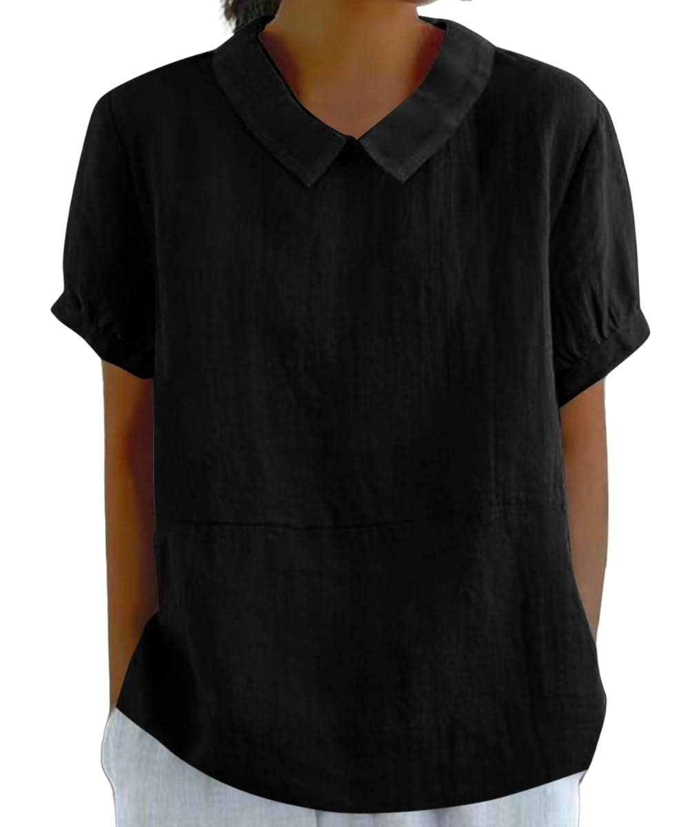 Cotton Linen Shirts Short Sleeve Casual Collared Work Blouse Tunic Tos