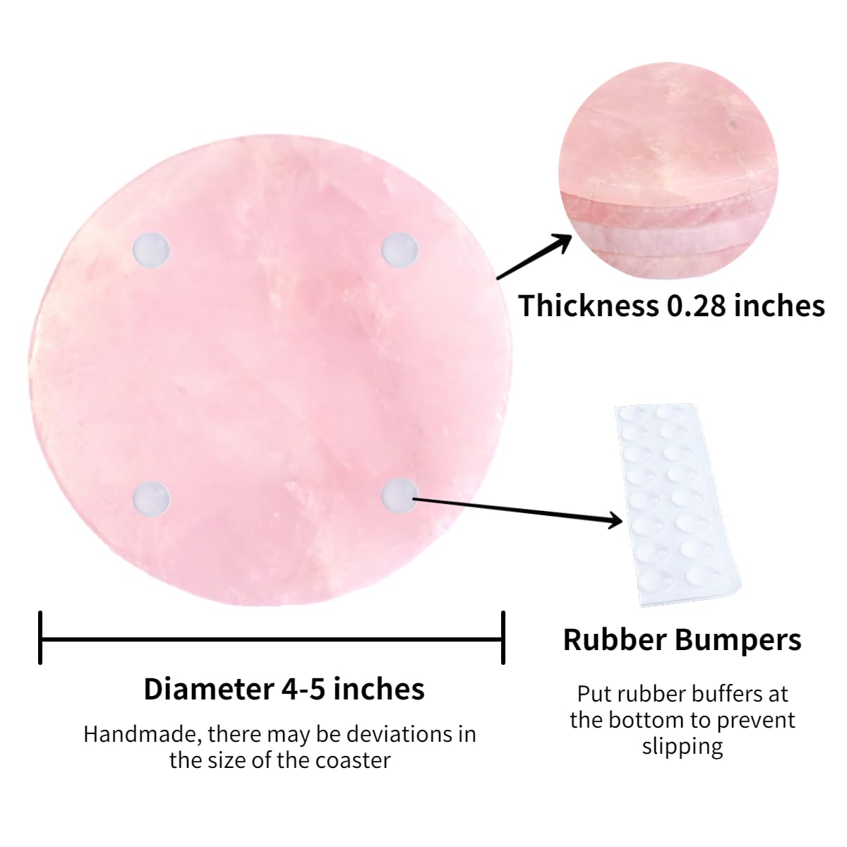 Pink Crystal Coaster Set of 4 Rose Quartz Slices Cup Mat with Rubber Bumper